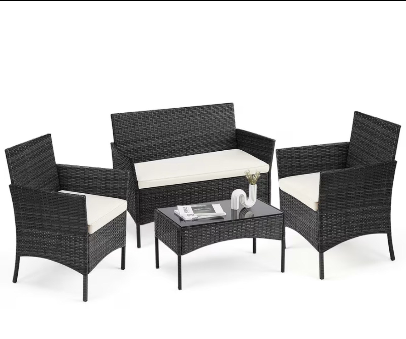 4-Piece Patio Set Black Wicker White Cushions