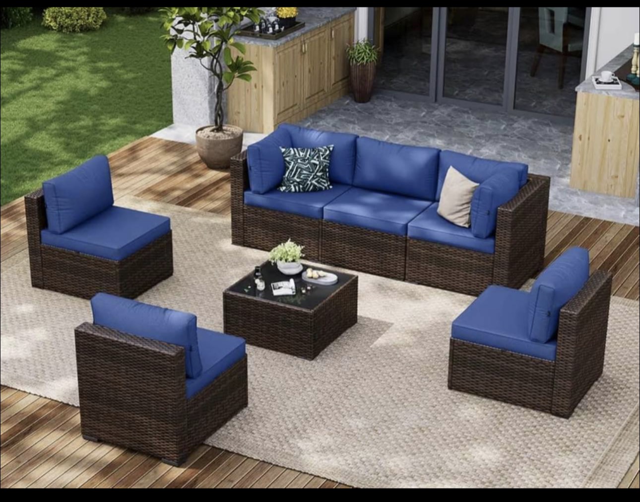 7-Piece Patio Sectional Set Blue Cushions