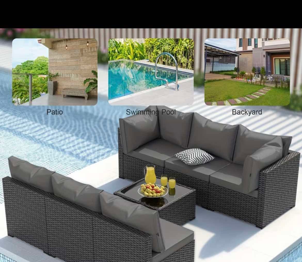 7-Piece Patio Sectional Set Gray Cushions