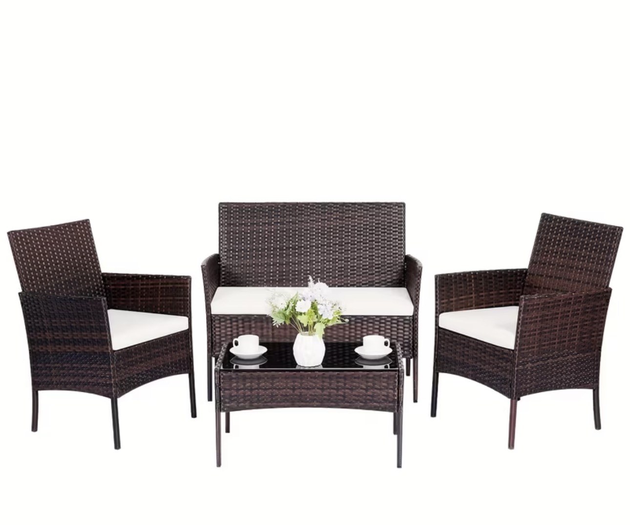 4-Piece Patio Set Brown Wicker Beige Cushions