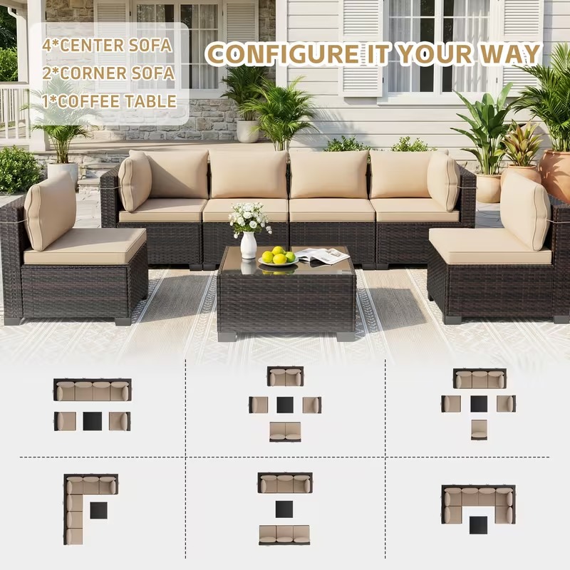 7-Piece Patio Sectional Set Beige Cushions